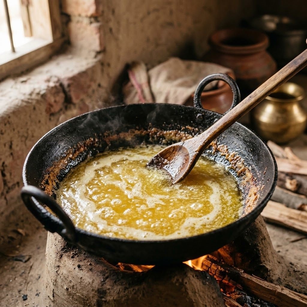 Illustration: makhan slowly simmering into golden desi ghee in an iron karahi over a wood-fired chulha