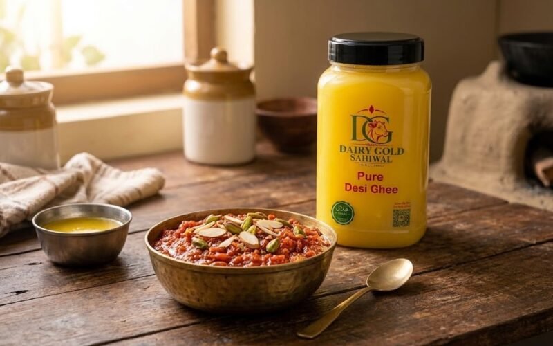 Gajar ka halwa in front of a Dairy Gold desi ghee jar