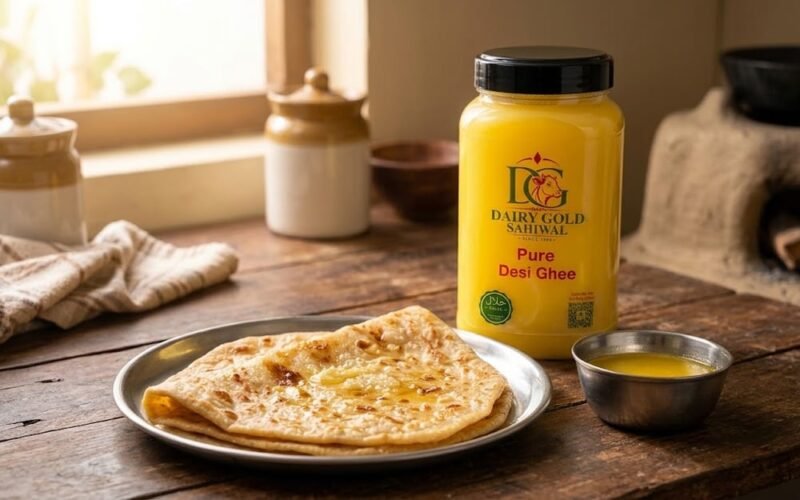 Desi ghee paratha in front of a Dairy Gold desi ghee jar