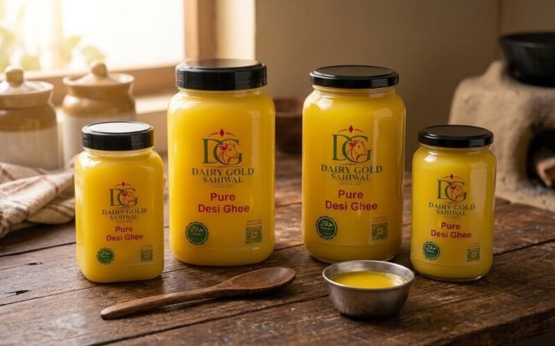 Dairy Gold desi ghee in plastic and glass jars on a kitchen table